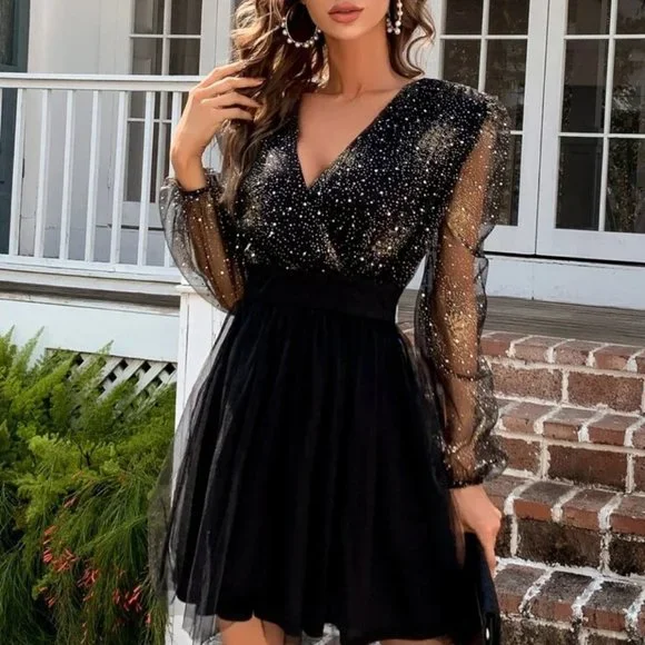 green emerald velvet dress Black Glitter Mesh Pattern V-Neck Bodycon Mini Dress main image 1